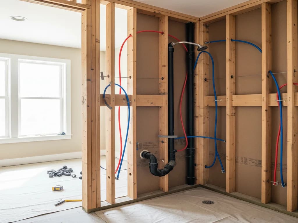 Bathroom plumbing rough-in with supply lines and drain pipes visible in open wall framing