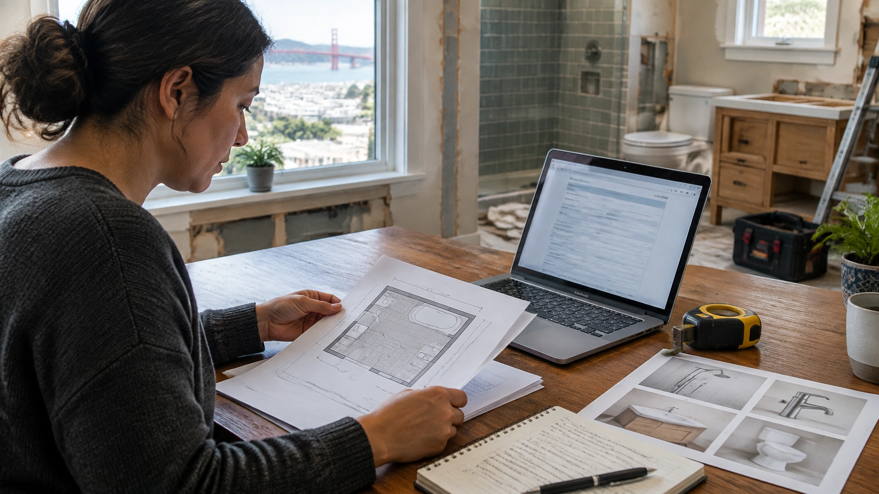 Homeowner organizing a bathroom remodel permit application beside project plans