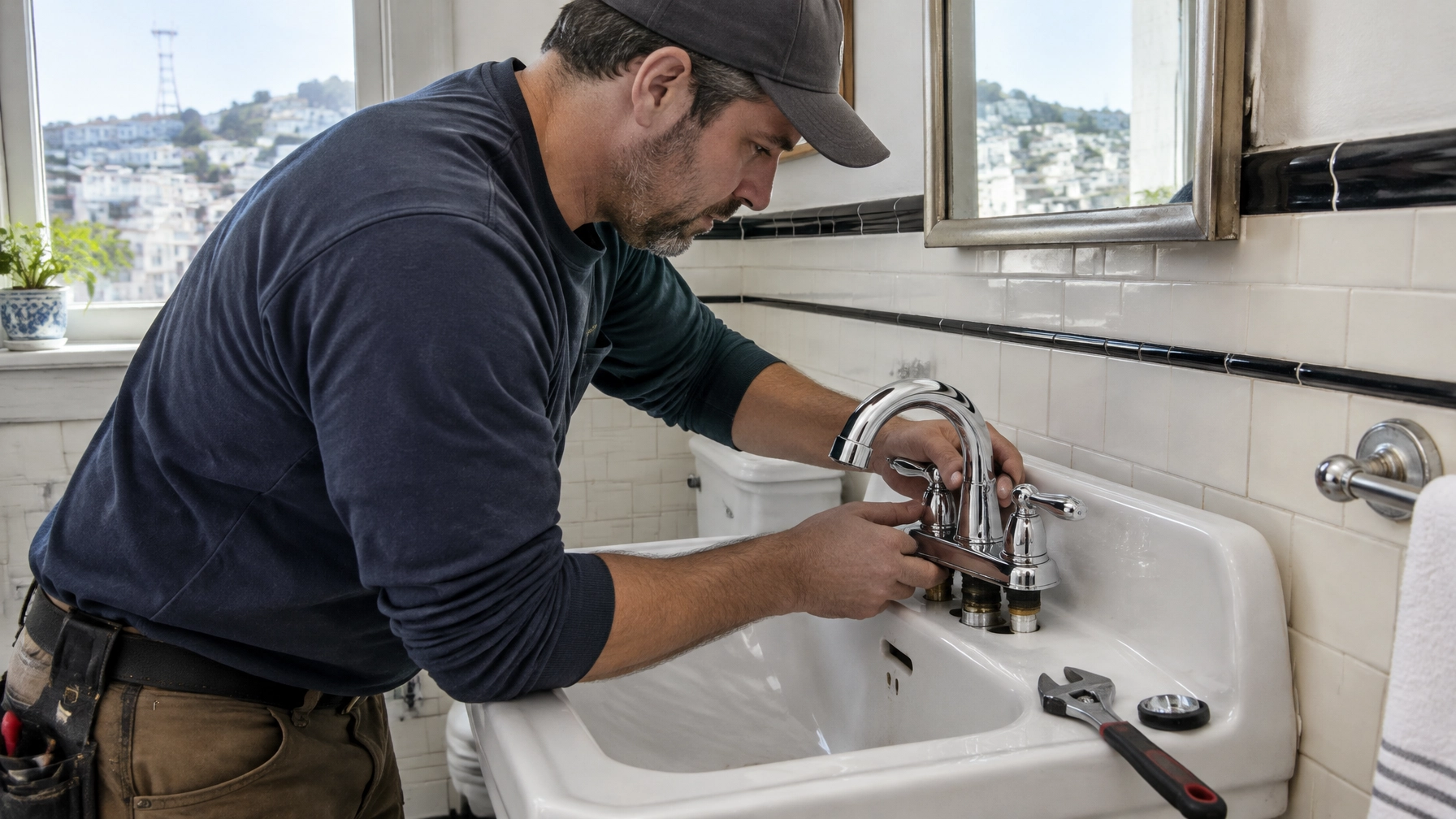 Contractor fitting a replacement faucet to an existing bathroom sink