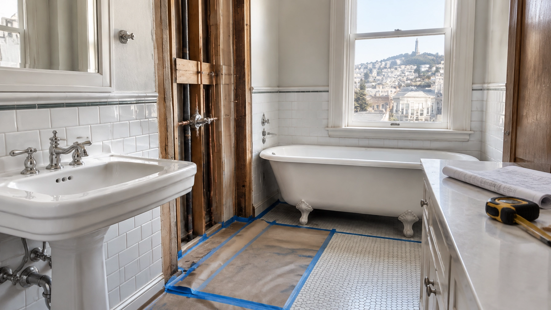 San Francisco bathroom renovation with exposed plumbing rough-in, bathroom fixtures, and a set of project plans