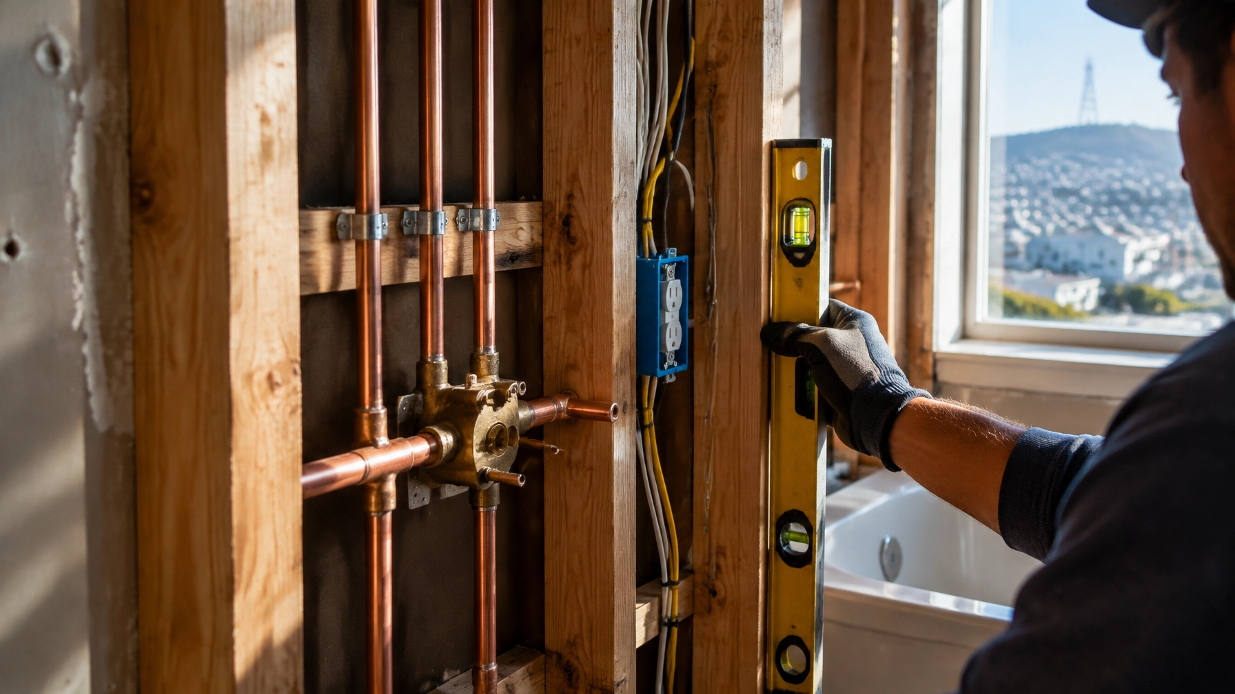 Open bathroom wall showing neatly installed plumbing pipes and wiring