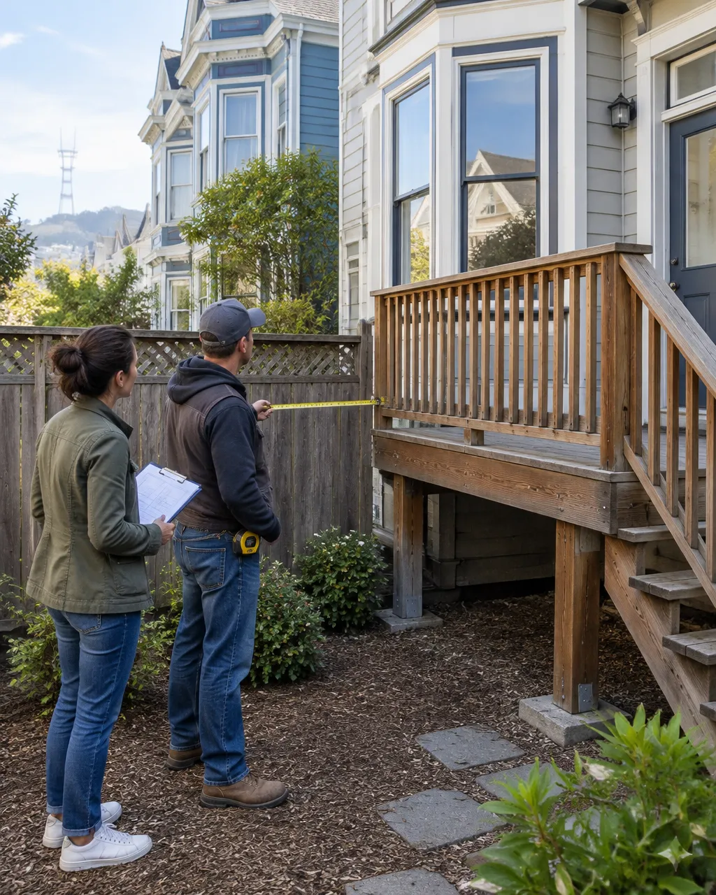A San Francisco homeowner and contractor assess a backyard deck and fence before renovation
