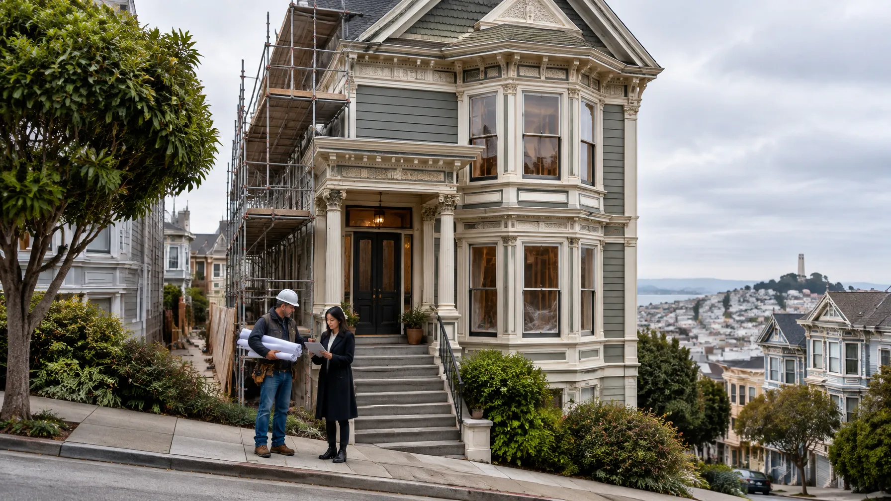 A San Francisco Victorian home undergoing renovation, with a contractor and homeowner reviewing building plans