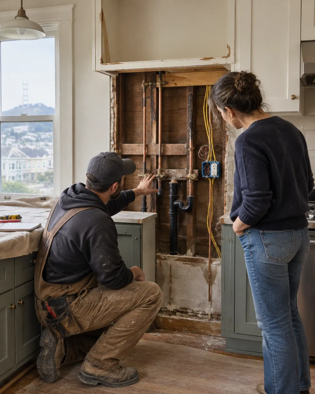 A contractor and homeowner review exposed plumbing and electrical work during a kitchen renovation